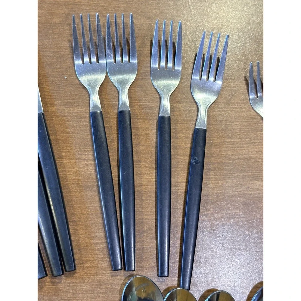 Large Set of MCM Black Handle Flatware Retro Dinerware 50's Forks Knives Spoons